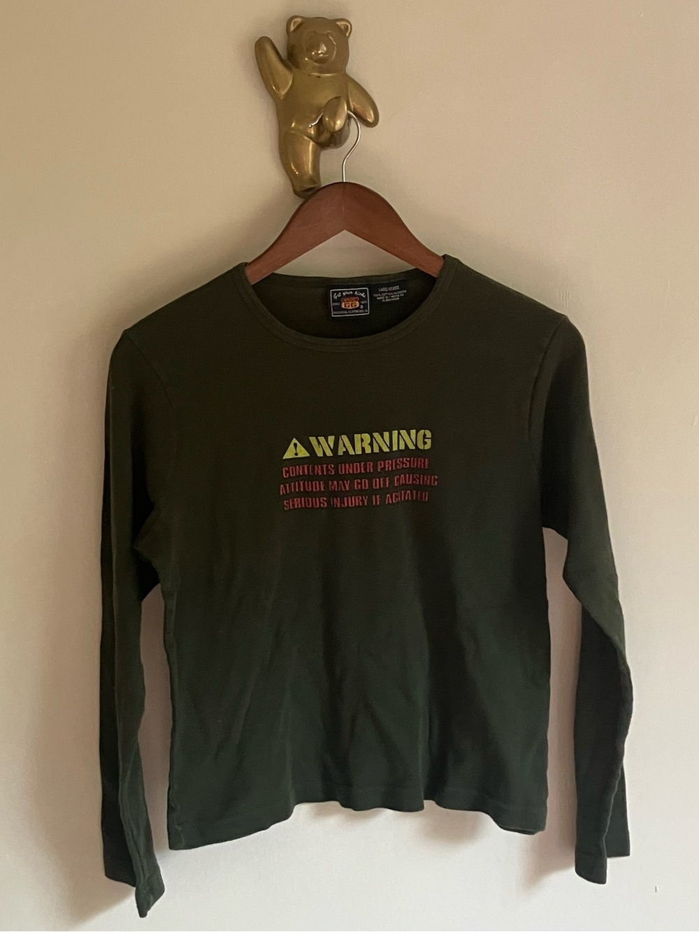 Vintage Warning Attitude Olive Green Cotton Top Size Large
